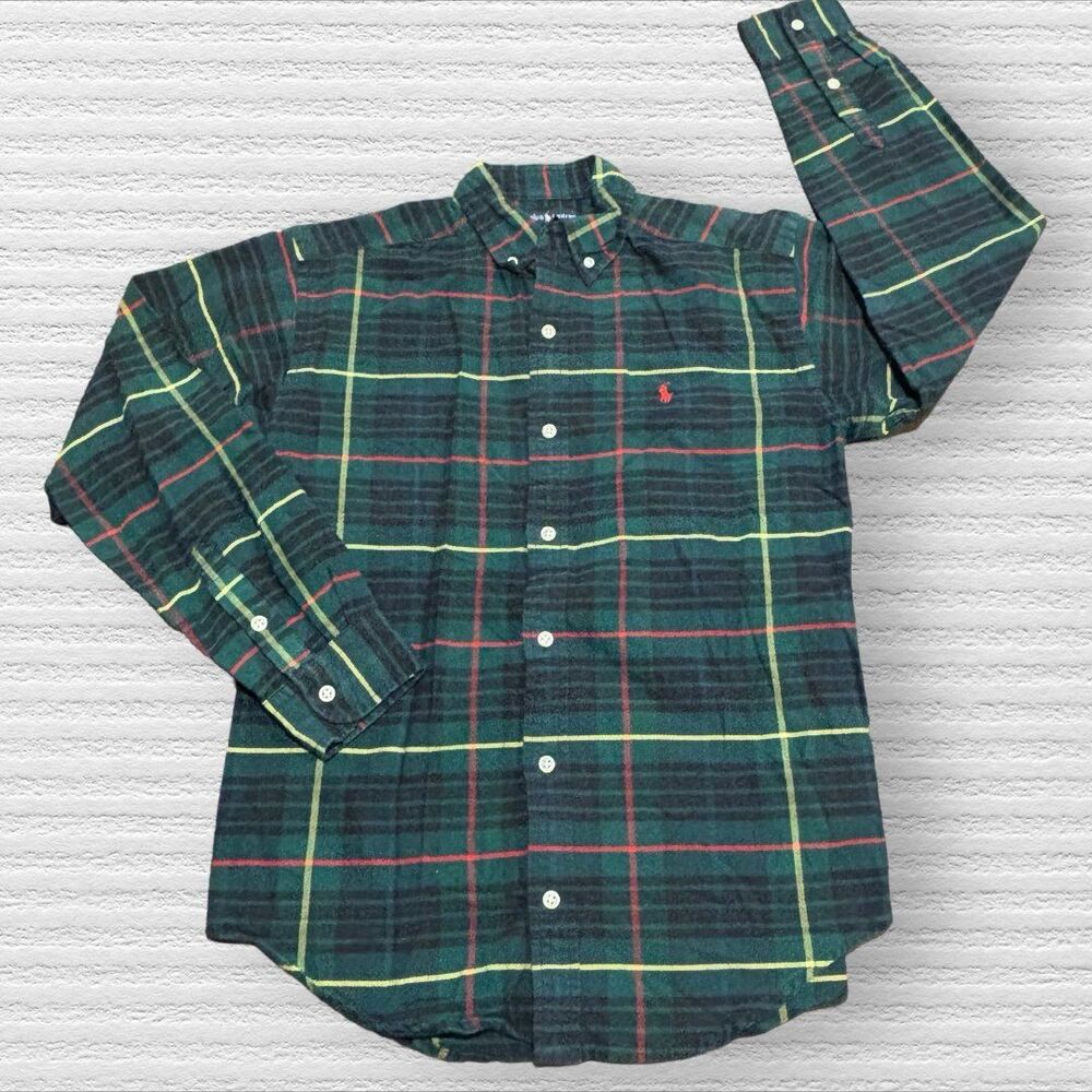 Ralph Lauren Poplin Green Plaid button Down Polo Shirt Large 16/18